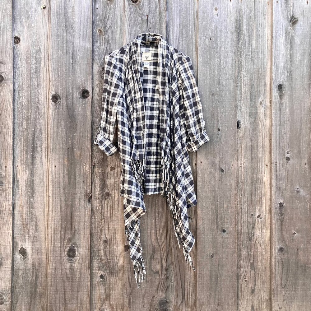Billabong Flannel Cardigan Top with Fringe, Black & White Buffalo Plaid, Small